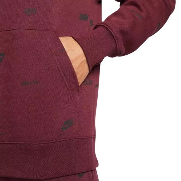 Nike Air Men's 2 PC AOP Sweatsuit Maroon Red Swoosh Logos Fleece Tracksuit Set - Picture 10 of 13